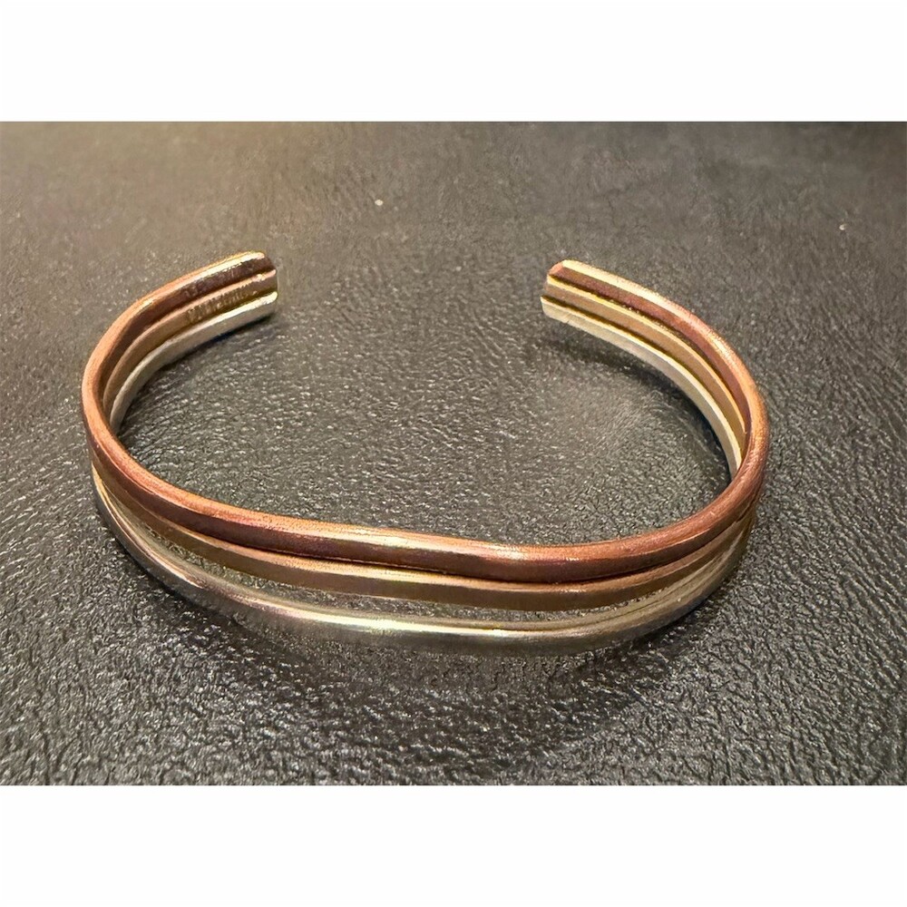 Sergio Lub Signed Vintage Cuff Bracelet Tri-Metal Copper, Brass & German Silver